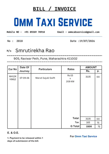 Sample cab bill for an outstation trip