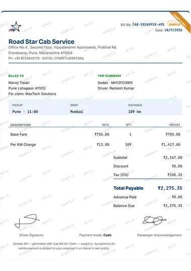 Sample cab bill with GST field