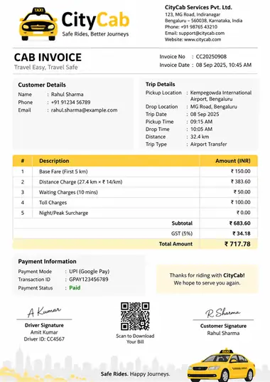 Sample cab bill for an airport transfer
