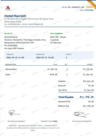 Sample hotel bill for claim