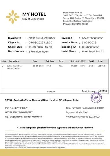 Sample hotel bill with GST field