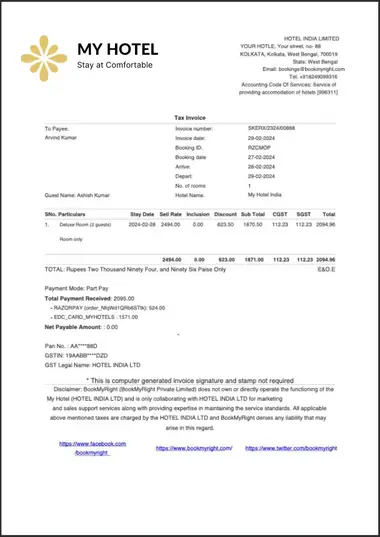 Sample hotel bill for an extended stay