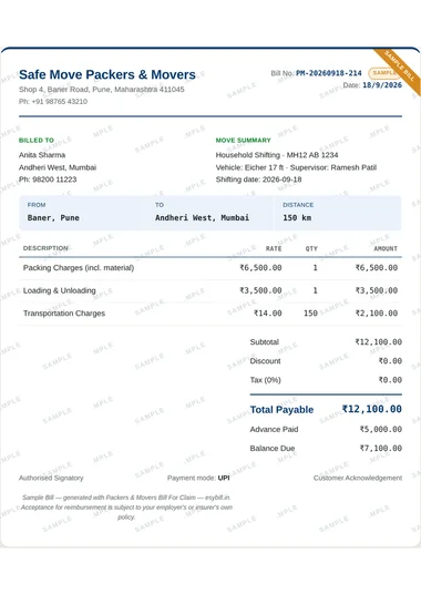 Sample packers and movers bill for a household shifting