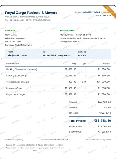 Sample packers and movers bill with GST field
