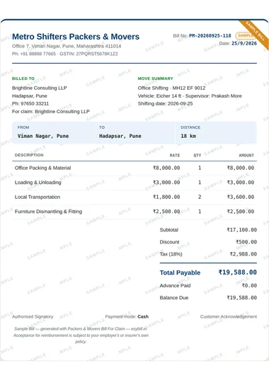 Sample packers and movers bill for an office relocation